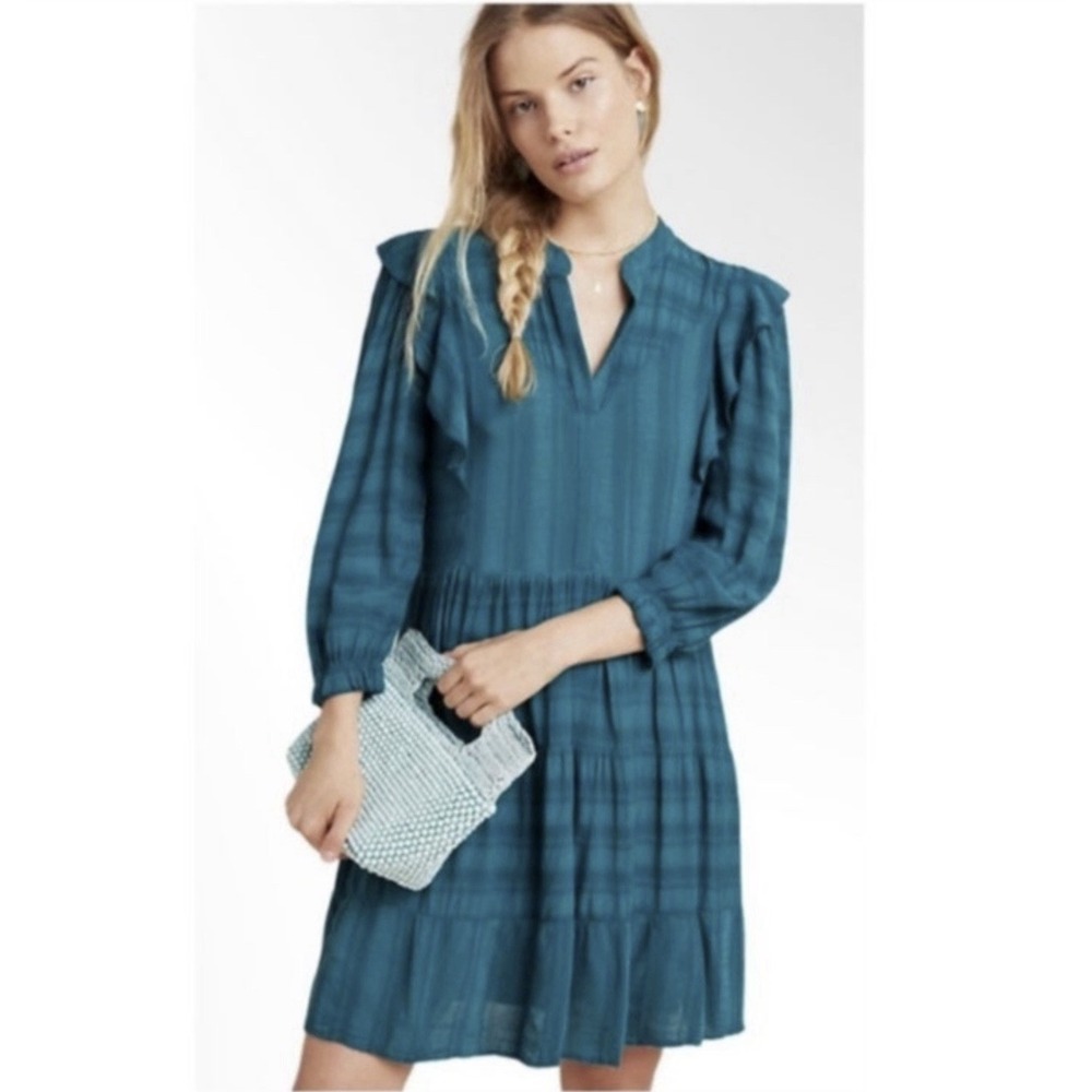 Anthropologie Amadi Rossi Ruffled Tunic Dress Teal Green Boho Mini Size XS